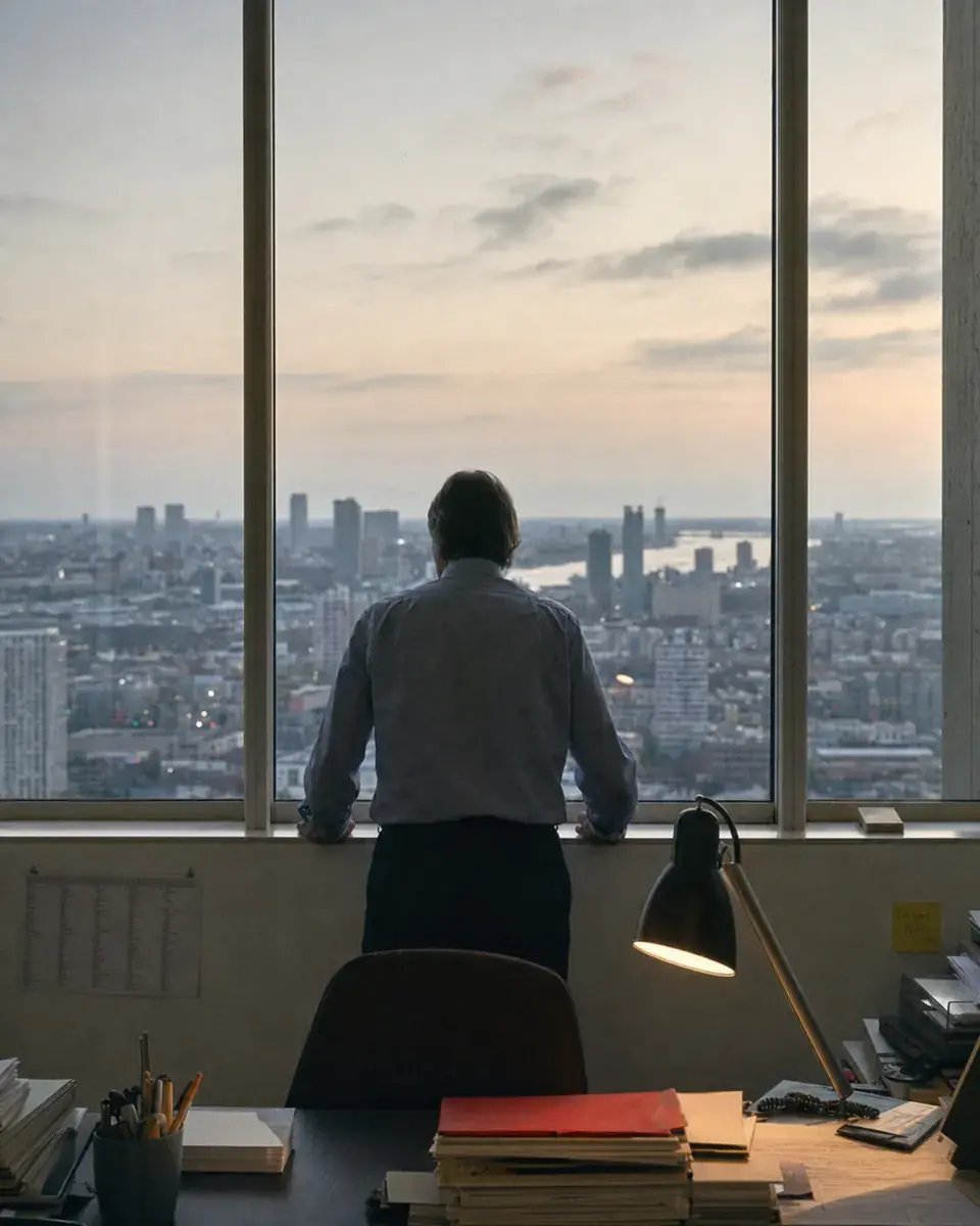 Ein Mann steht am Fenster seines Büros und blickt über die Stadt